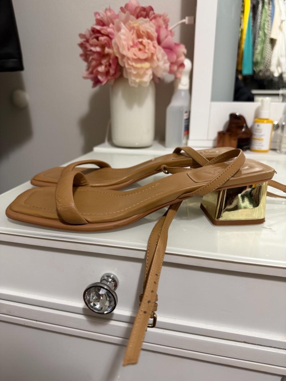 Zara Tan Strappy Block Heels with Gold Accent